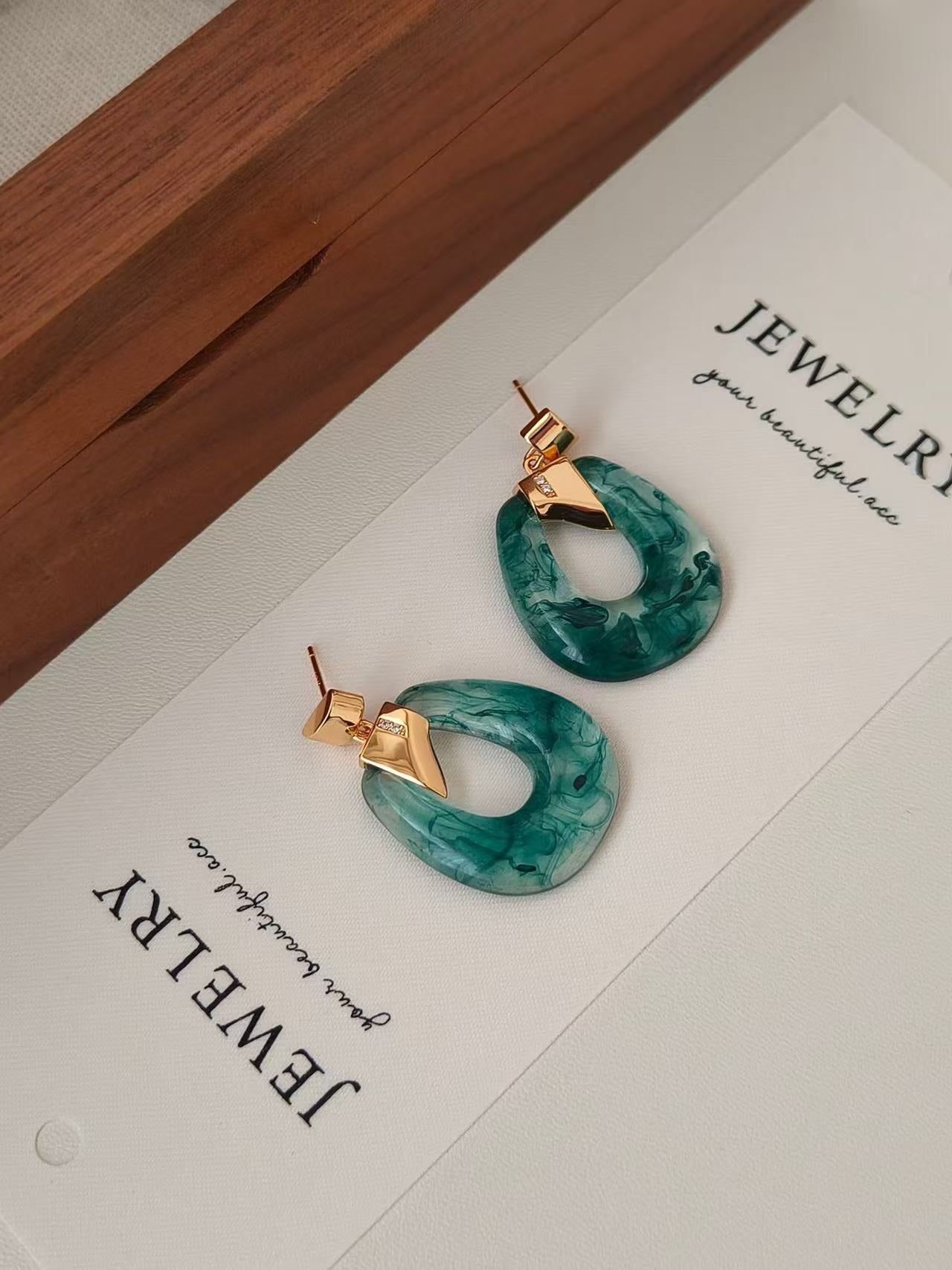 Elegant Simulated Moss Agate Statement Earrings