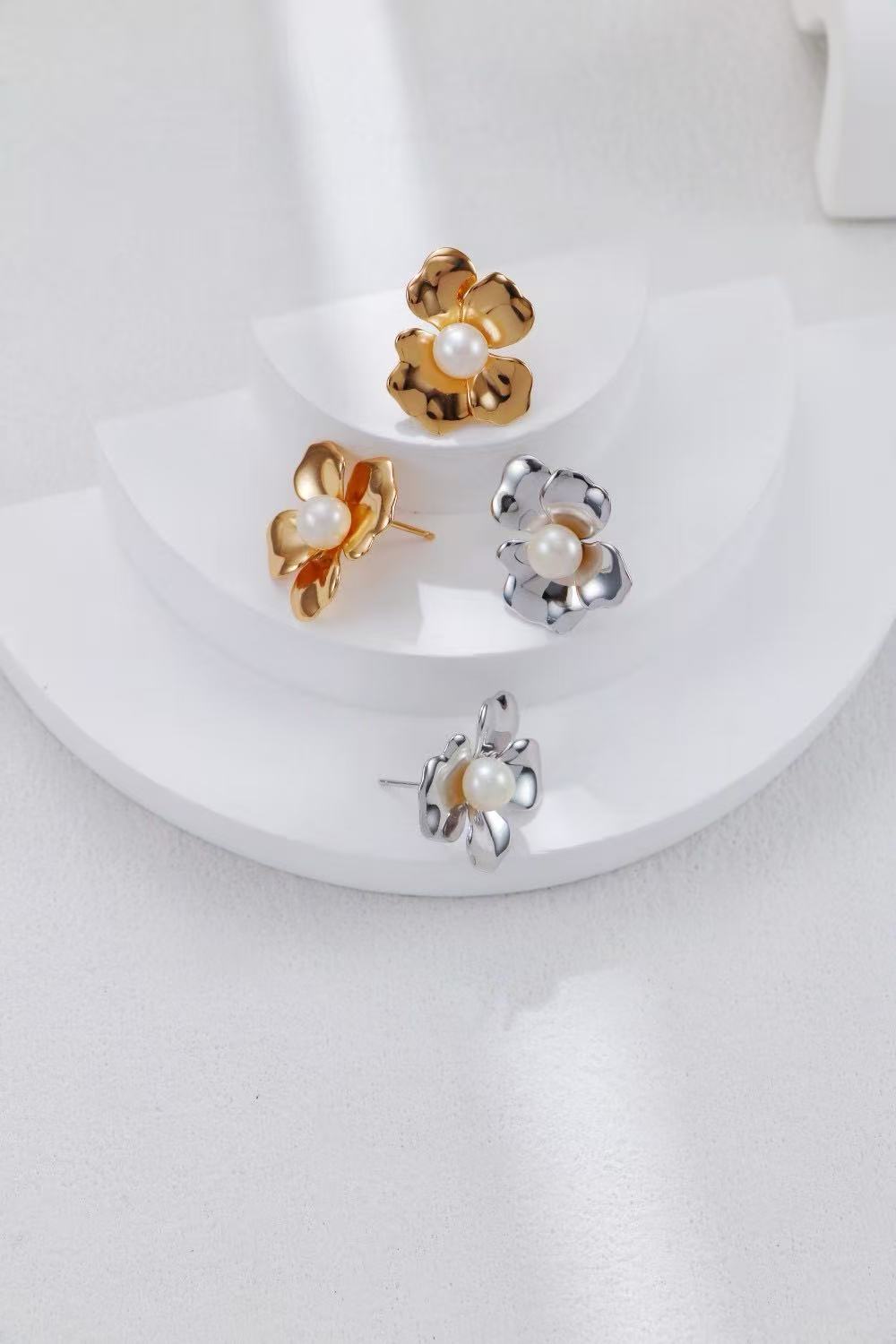 Nature-Inspired Pearl & Gold Floral Earrings