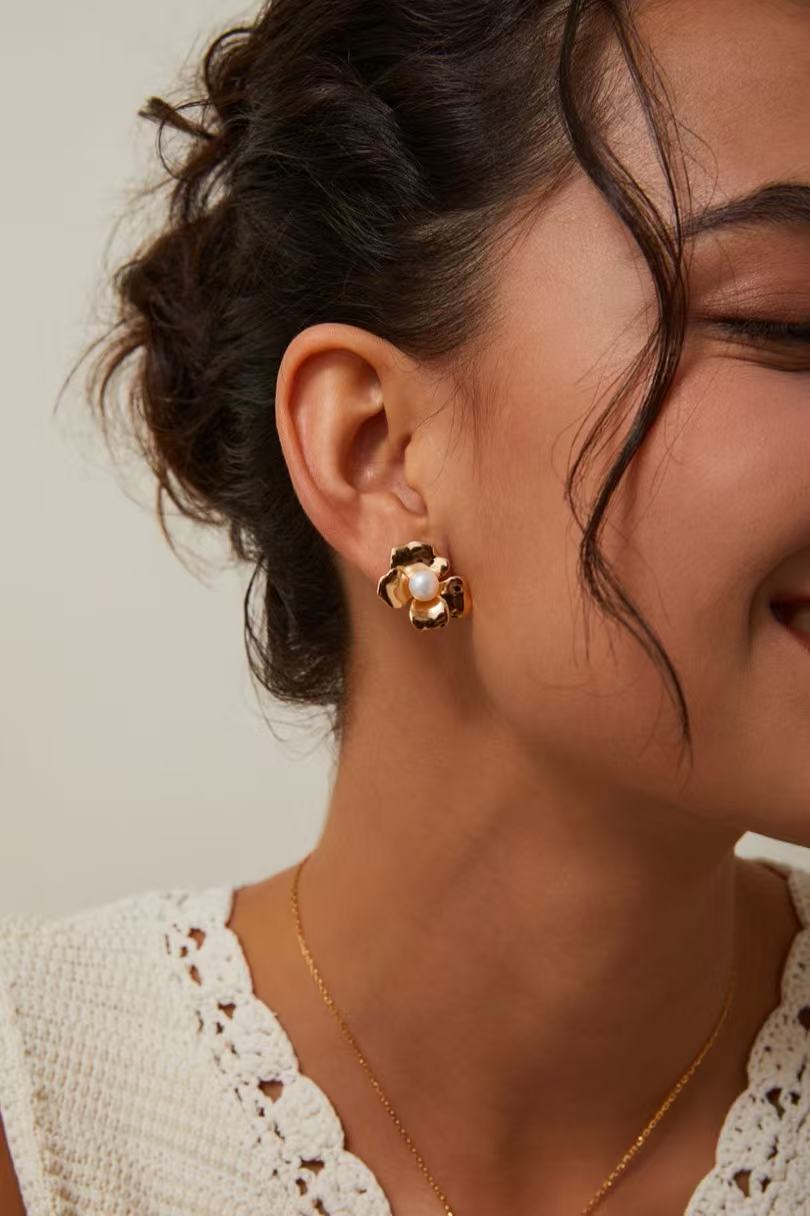 Nature-Inspired Pearl & Gold Floral Earrings