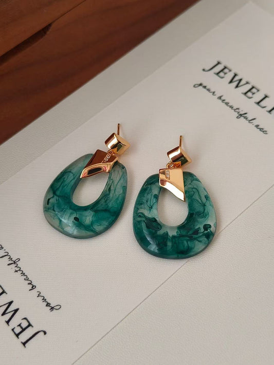 Elegant Simulated Moss Agate Statement Earrings