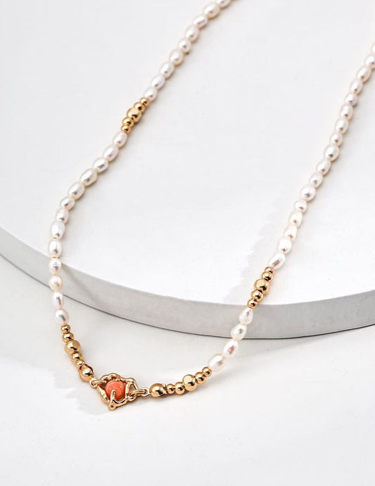 Elegant Natural Pearl & Rhodochrosite Pendant Necklace